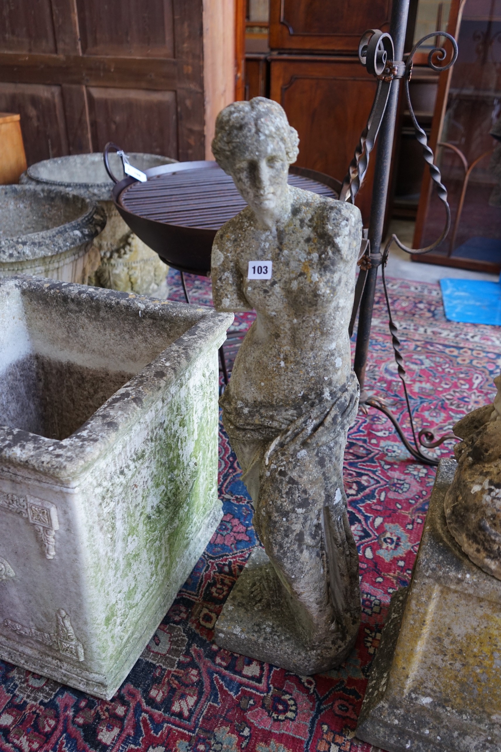 Four reconstituted stone garden statues, largest height 124cm